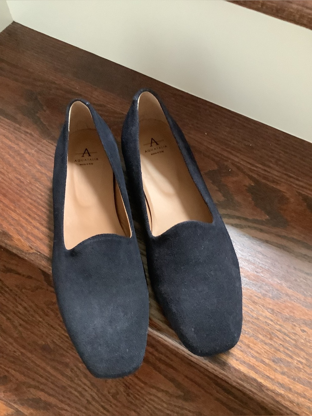 Aquatalia Black Suede Square Toe Loafers, New, Made in Italy, Size 8.5M